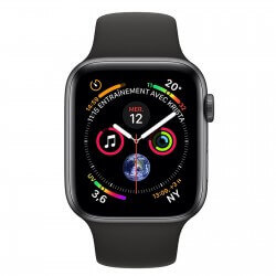Apple Watch S4. Bracelet sport noir. Vue de face.